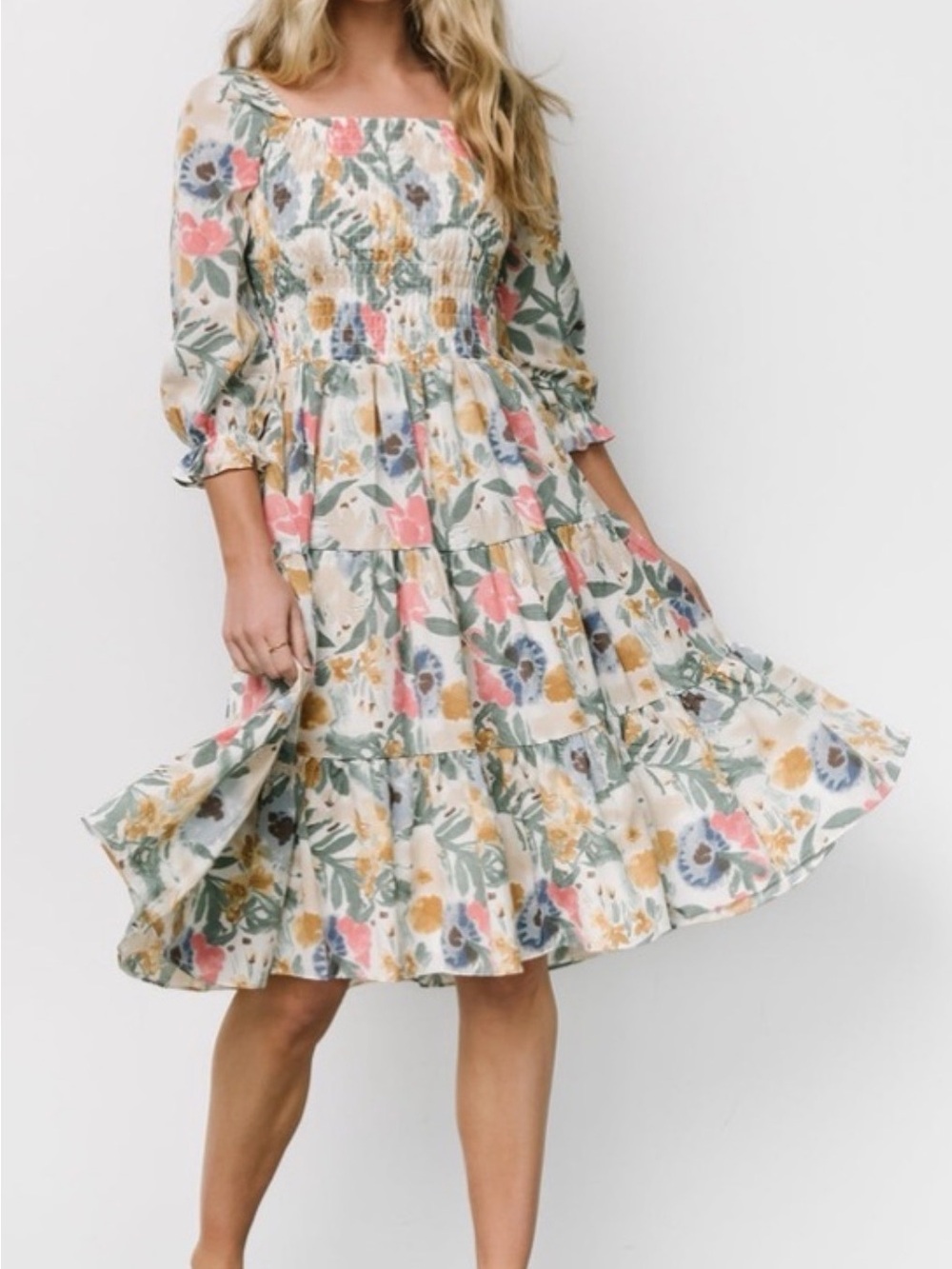 Baltic Born Marta Smocked Midi Dress Floral Puff Sleeve
